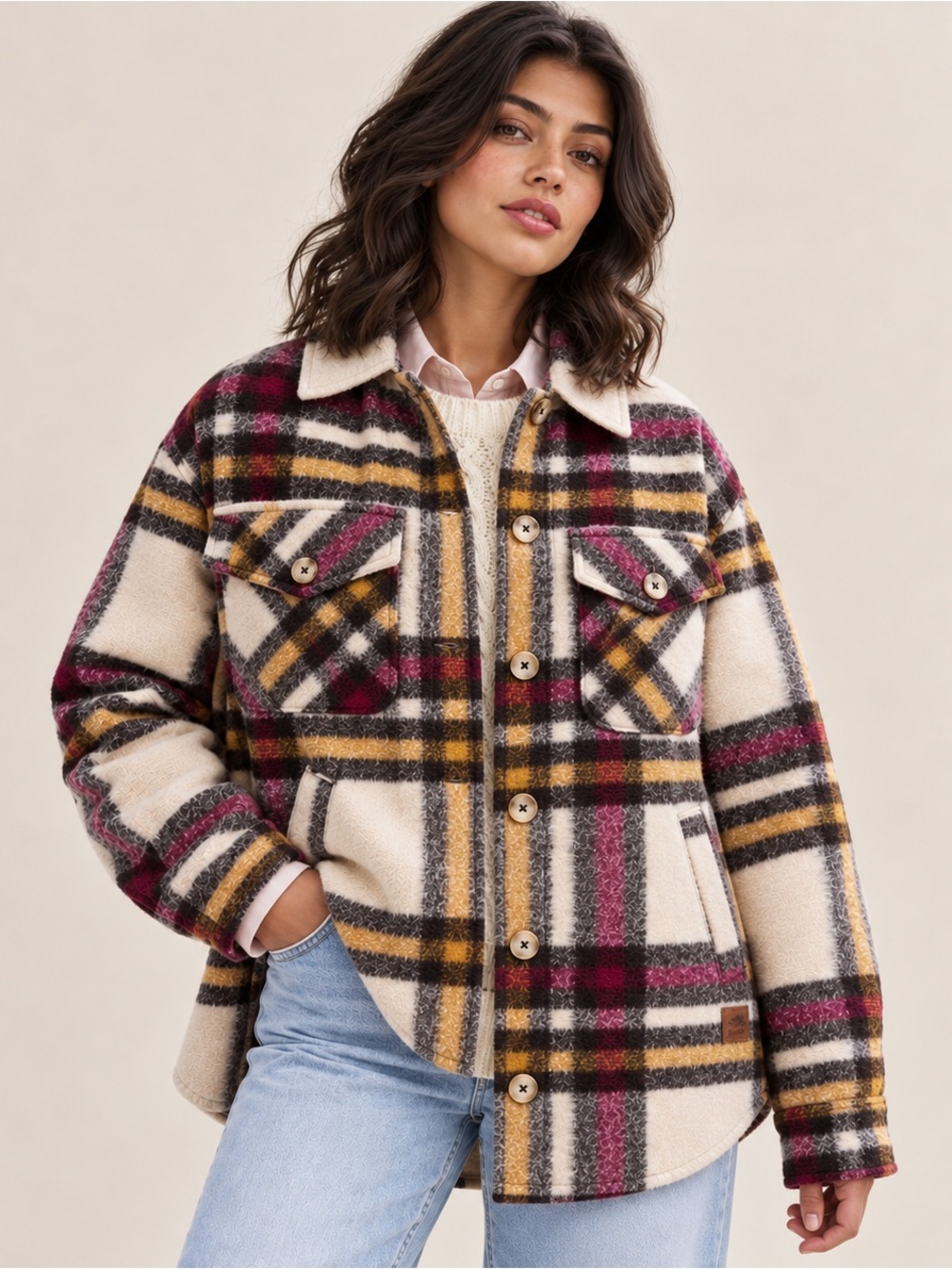 Roots Plaid Wool Blend Oversized Shacket Shirt Jacket Cream Pink Yellow Size S